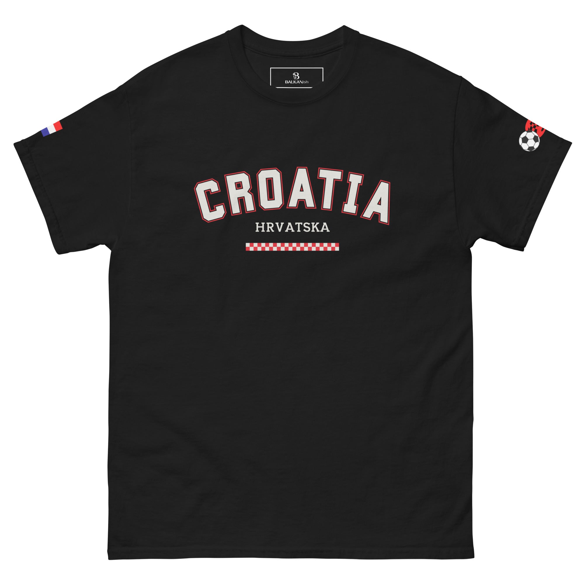 Croatia Hrvatska men’s t-shirt with Croatian flag sleeve print and fiery football graphic inspired by Vatreni