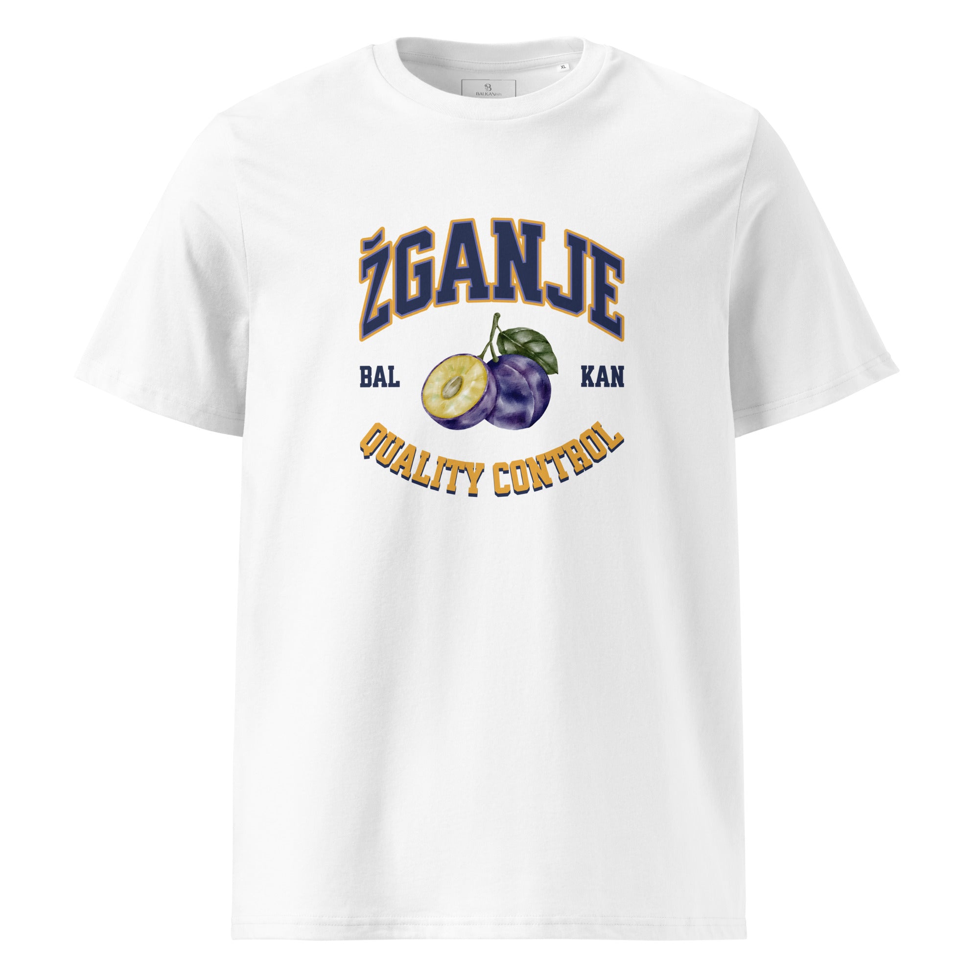 white men's shirt with žganje quality control varsity design and fruit graphic