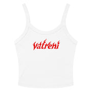 Black women’s crop tank top with red flame-style Vatreni graphic inspired by Croatian football culture