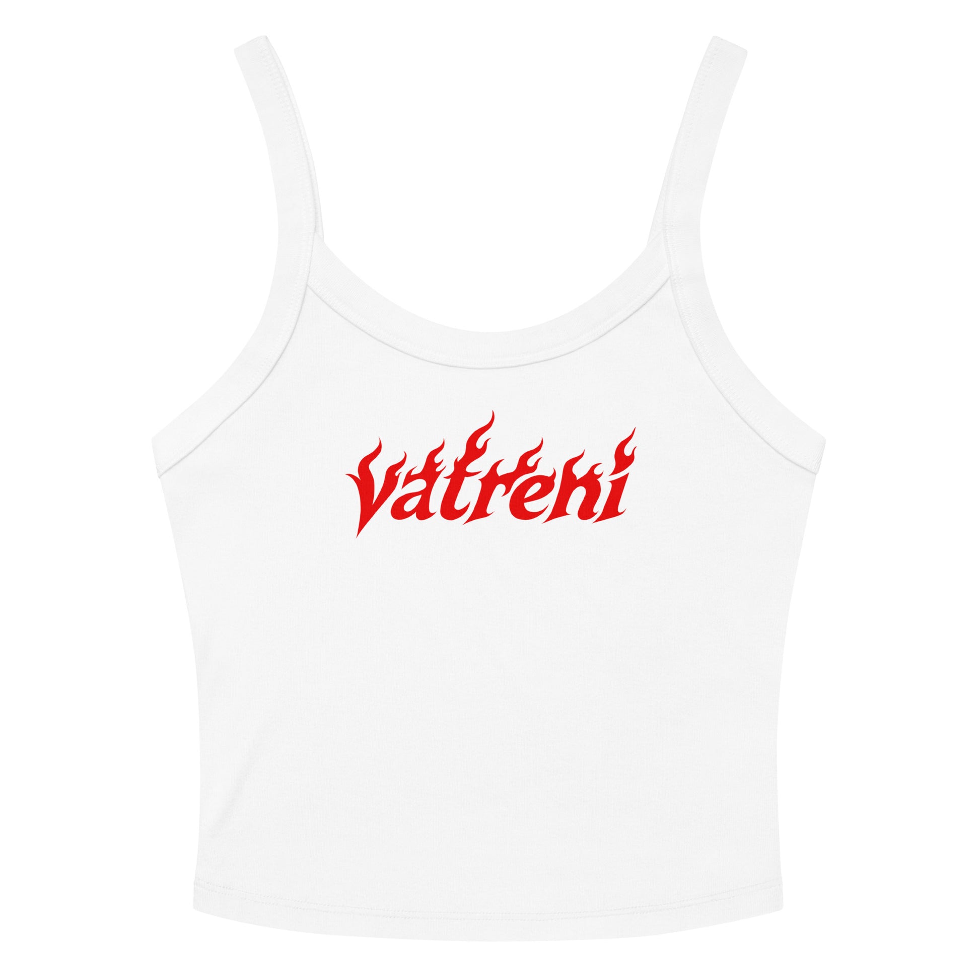 Black women’s crop tank top with red flame-style Vatreni graphic inspired by Croatian football culture