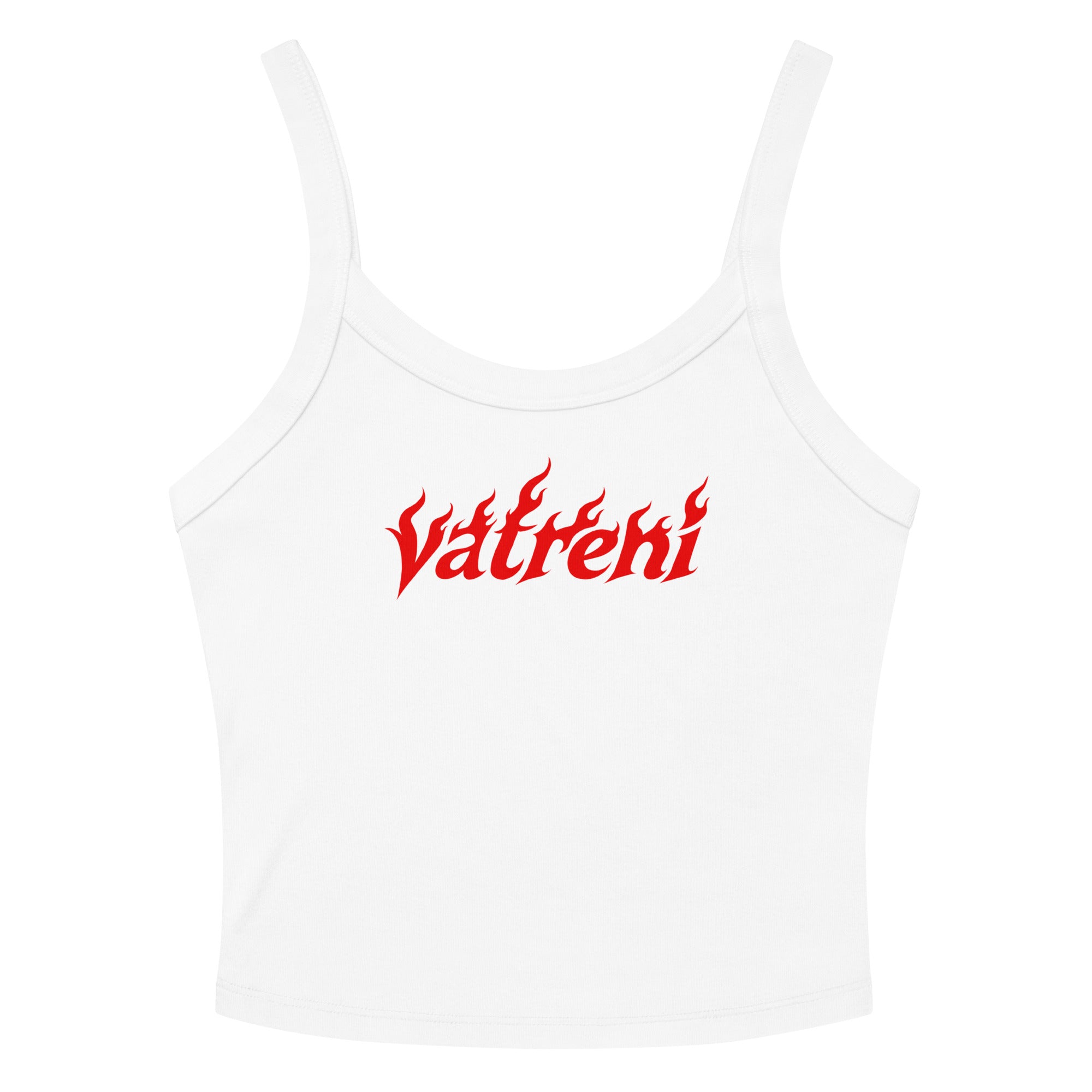 Black women’s crop tank top with red flame-style Vatreni graphic inspired by Croatian football culture