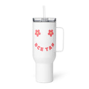 White Все Тая smiley face tumbler with pink retro lettering and floral design inspired by Bulgarian humor culture