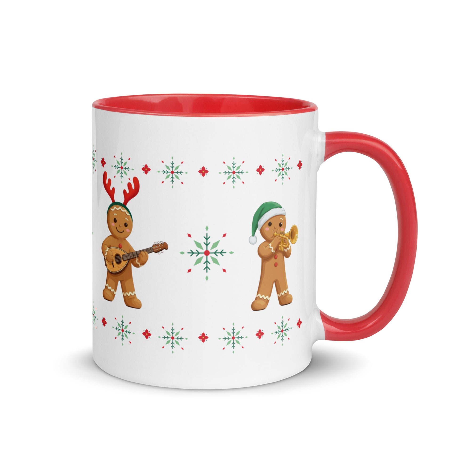 Balkan Gingerbread Band Christmas mug with four gingerbread musicians playing accordion, keyboard, tambura, and trumpet.