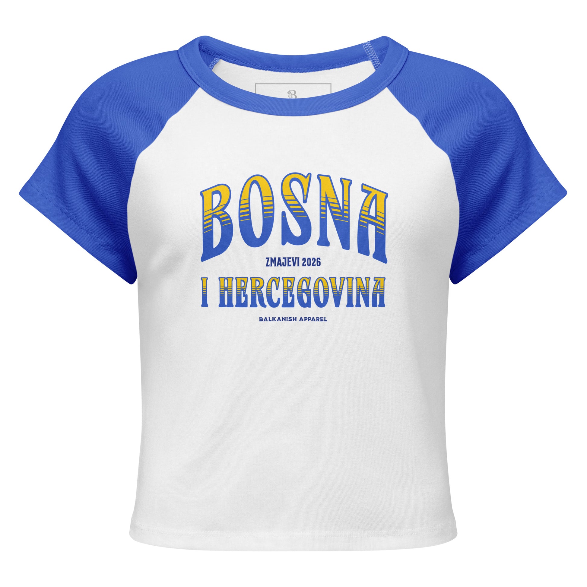 White and blue Bosna i Hercegovina women’s raglan baby tee inspired by Bosnian football culture