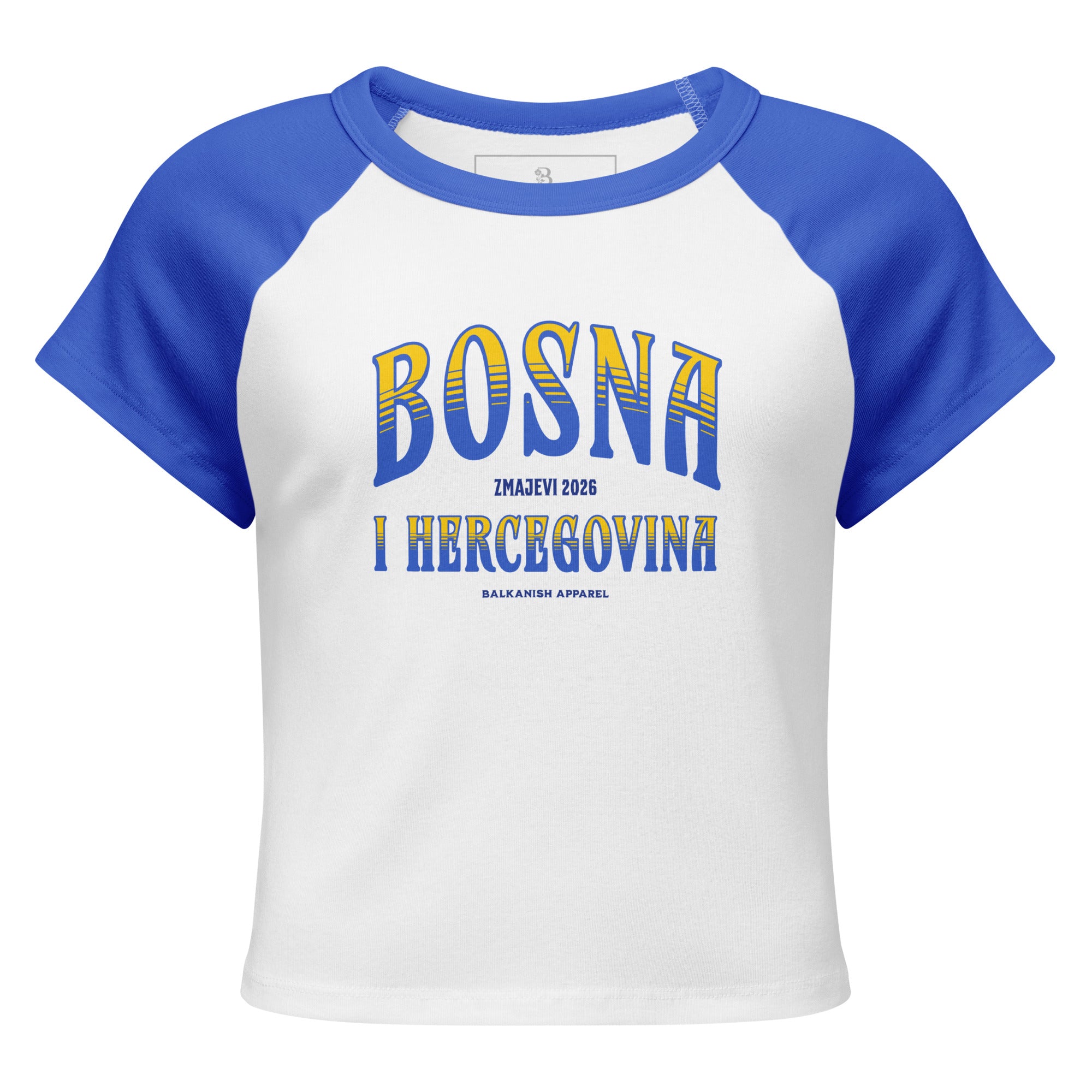 White and blue Bosna i Hercegovina women’s raglan baby tee inspired by Bosnian football culture