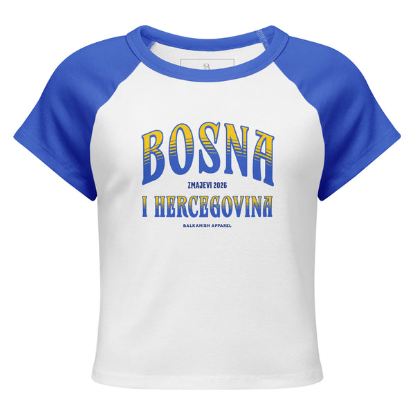 White and blue Bosna i Hercegovina women’s raglan baby tee inspired by Bosnian football culture