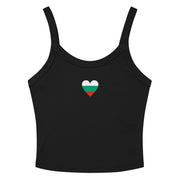 Women’s white crop tank top with a small Bulgarian flag heart design on the front