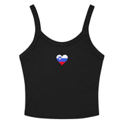Women’s white crop tank top with a small Slovenian flag heart design on the front