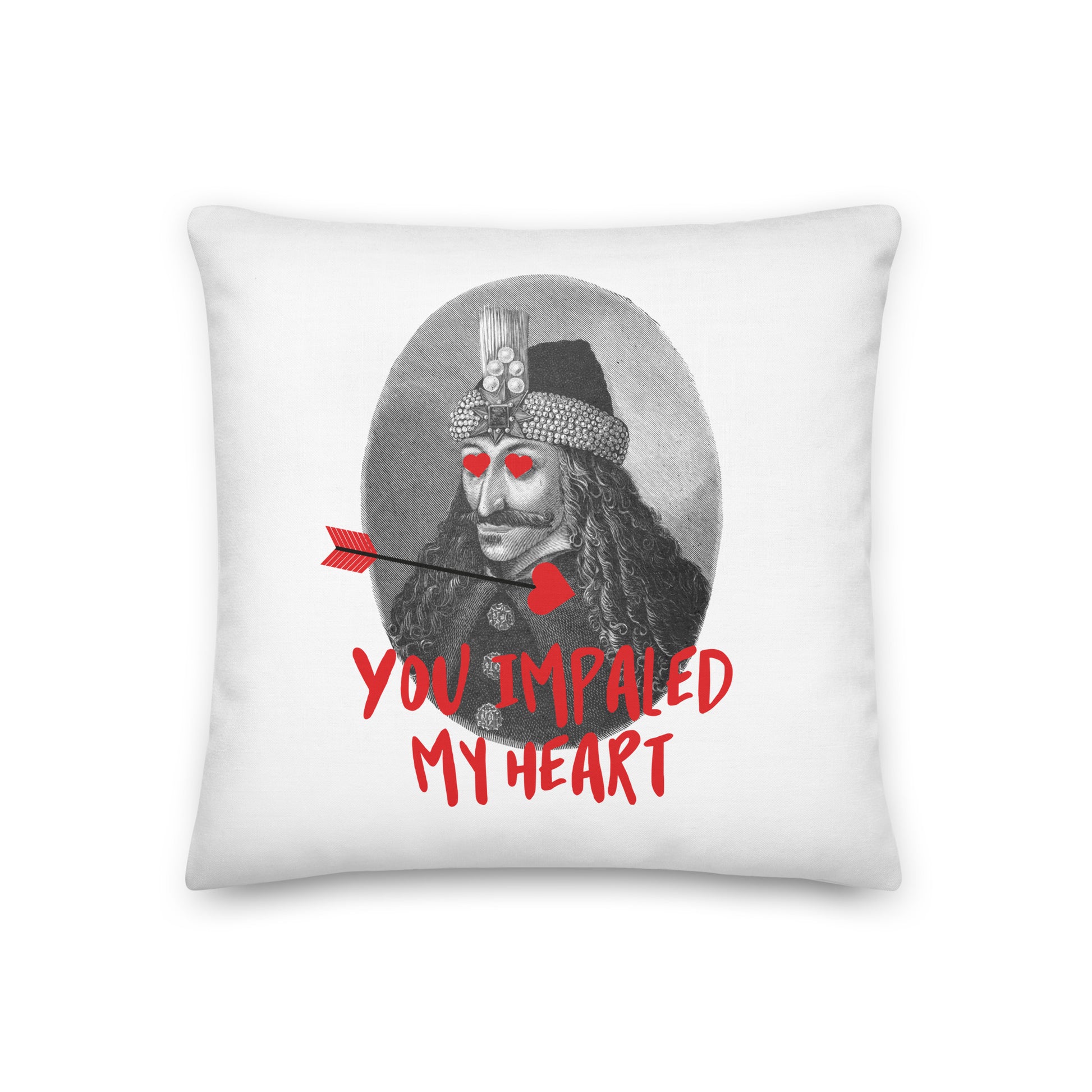 White pillow featuring a Dracula-inspired Romanian illustration with red eyes and the phrase “You Impaled My Heart,” gothic romantic home decor