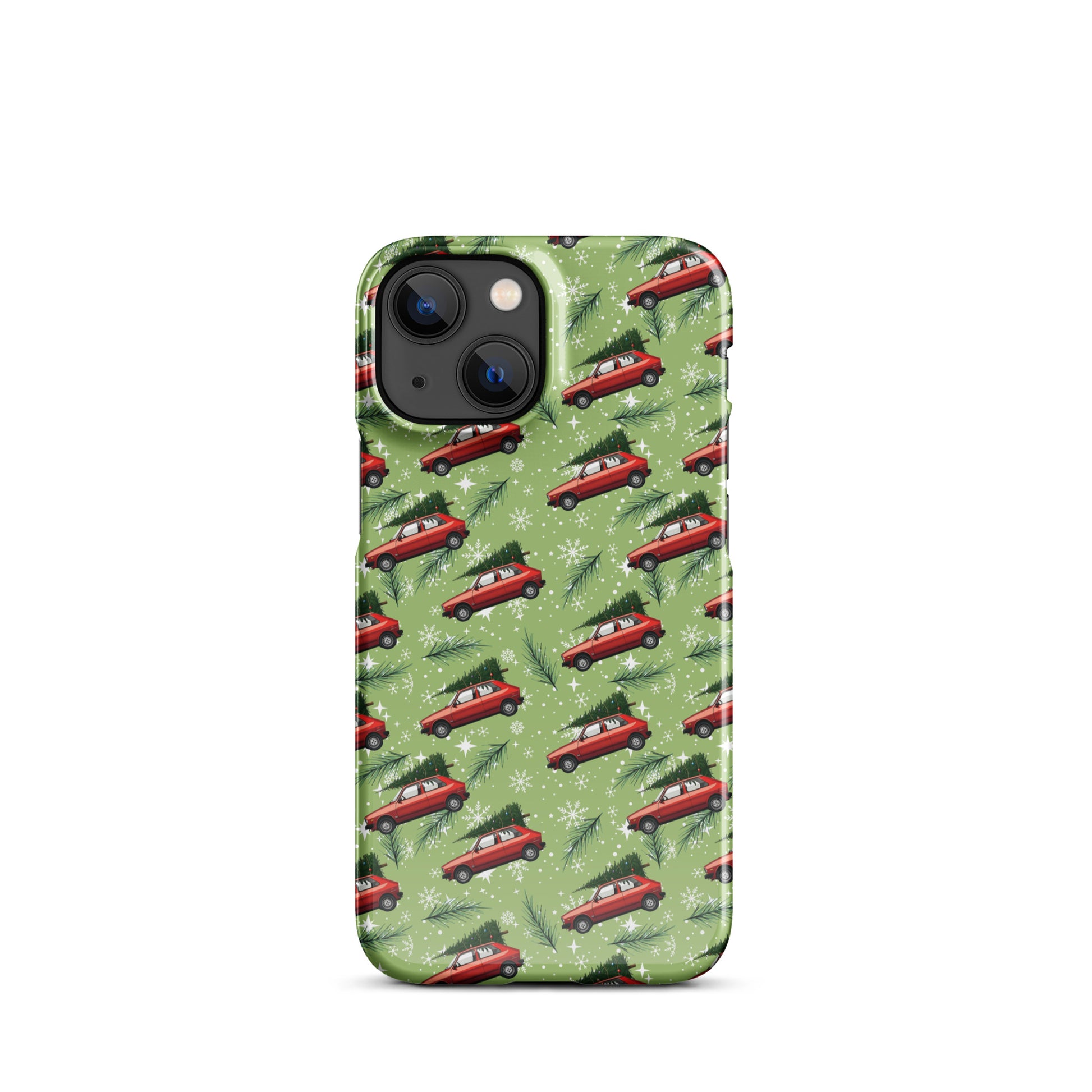 Green phone case with repeating red Yugo car carrying a Christmas tree and snowflakes.