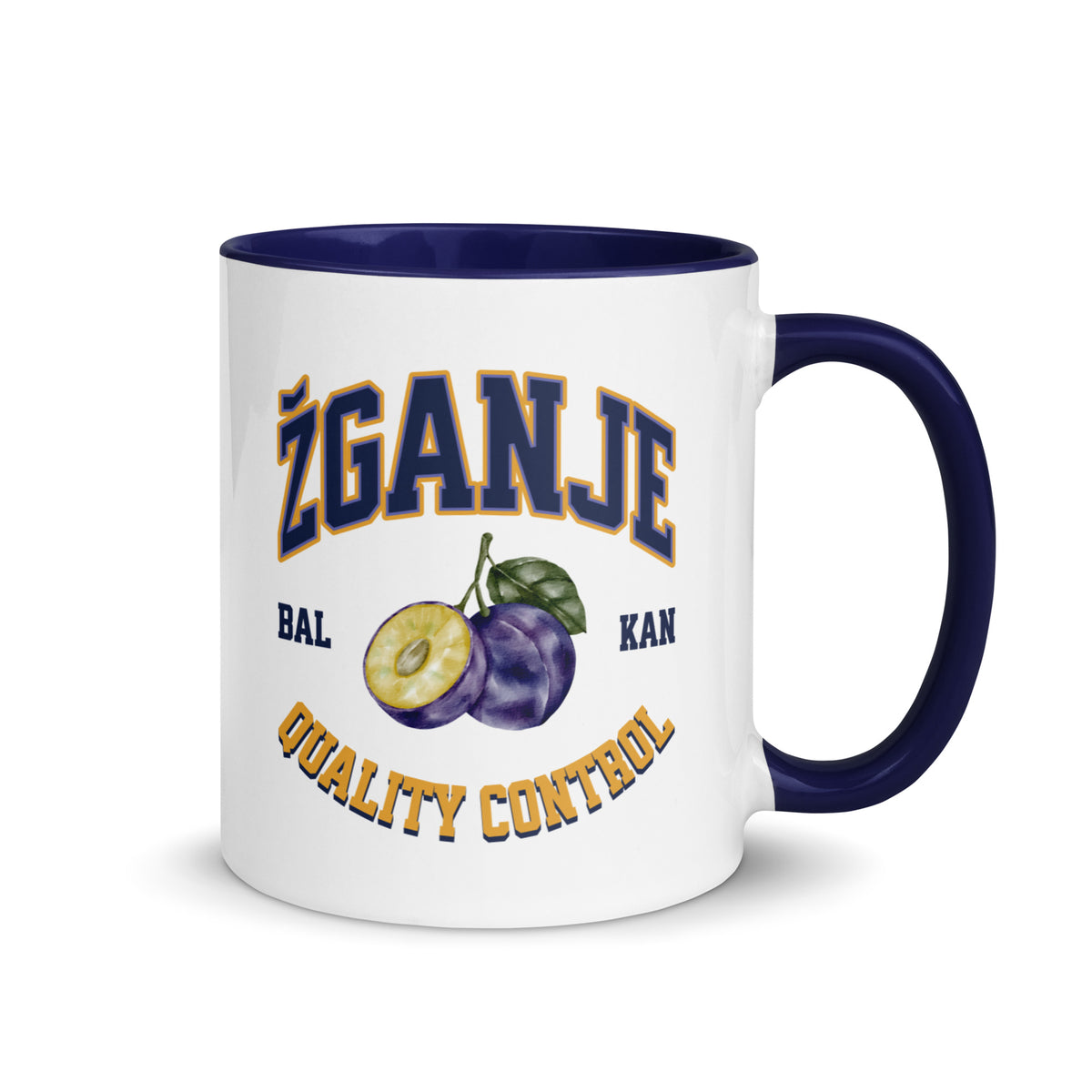 white mug with colored handle featuring žganje quality control varsity design and fruit graphic