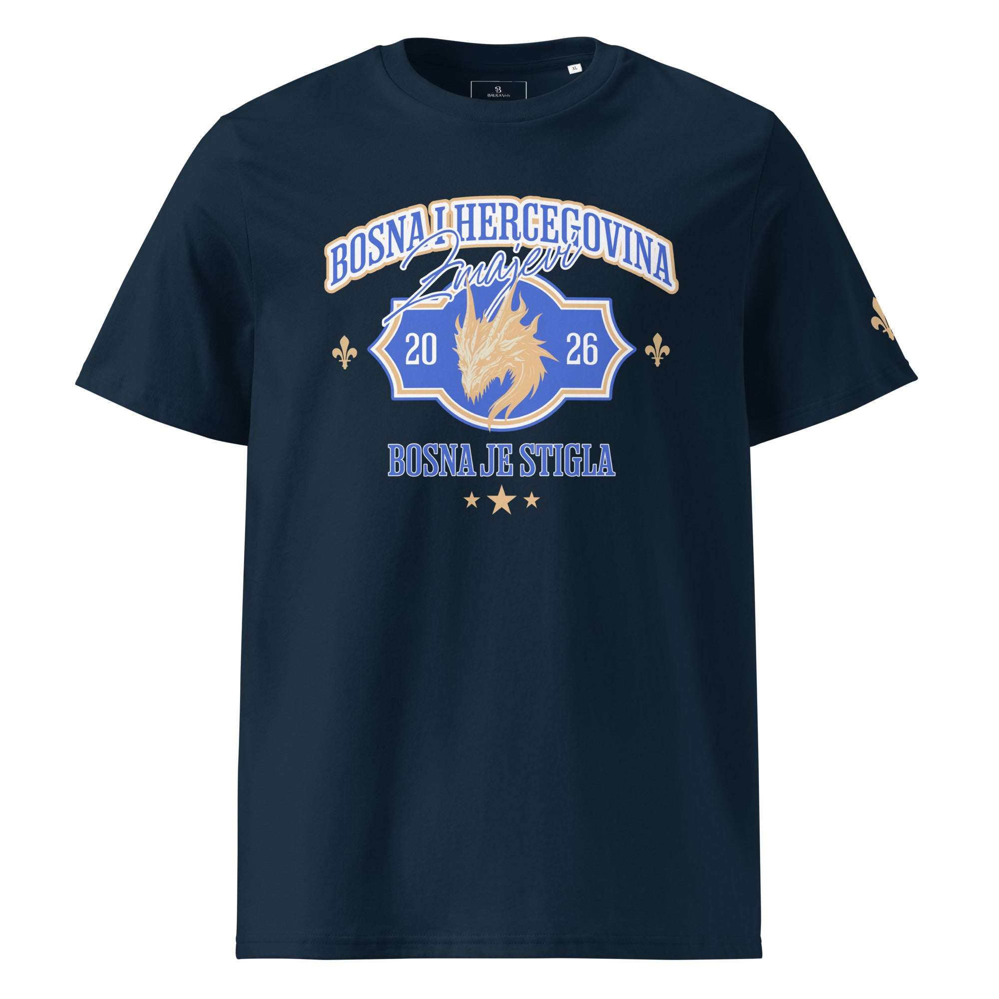 Limited edition Zmajevi Bosna Je Stigla 2026 men's t-shirt featuring a dragon-inspired design in Bosnia and Hercegovina colours