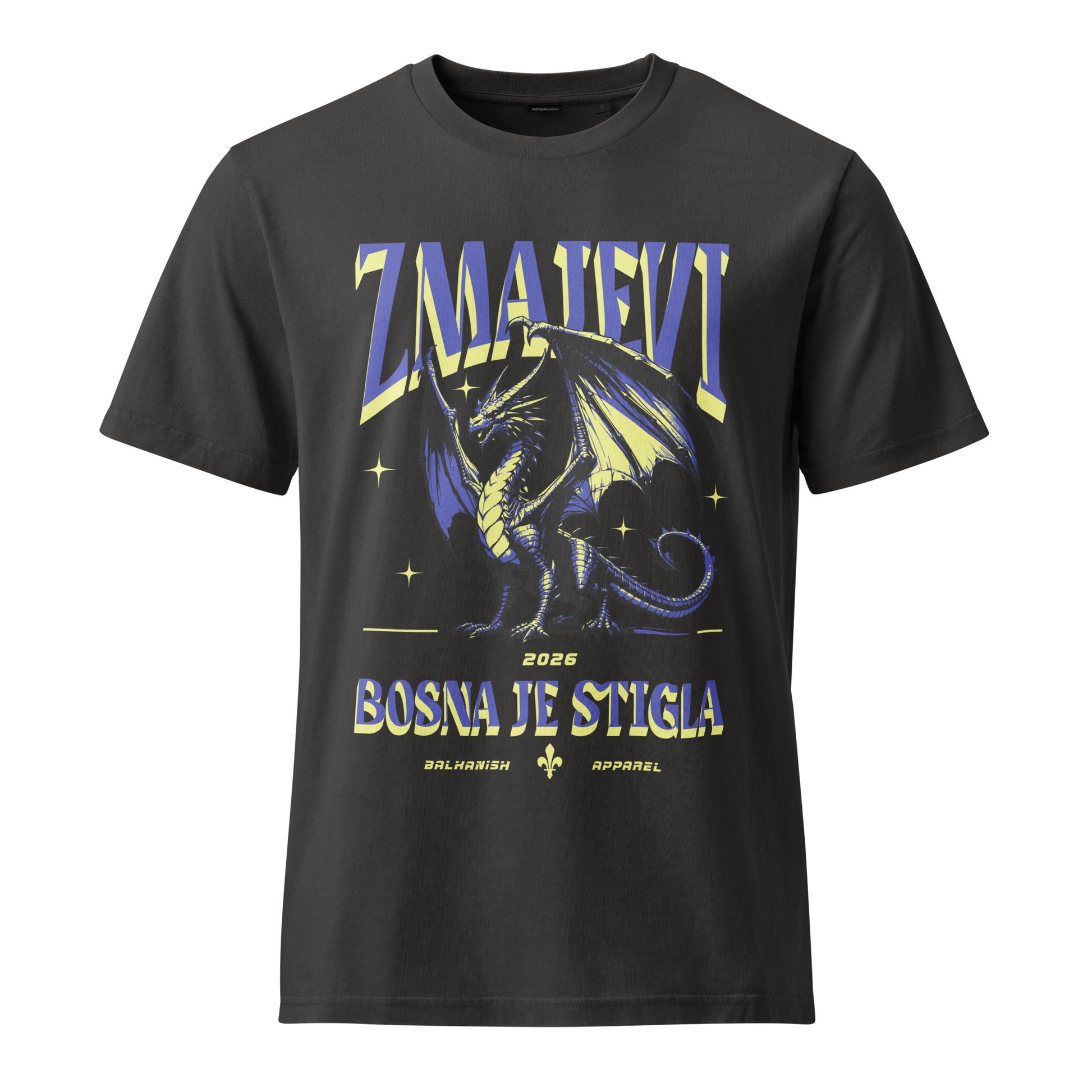 Black vintage-style Zmajevi Bosna Je Stigla t-shirt with dragon artwork inspired by Bosnian football culture
