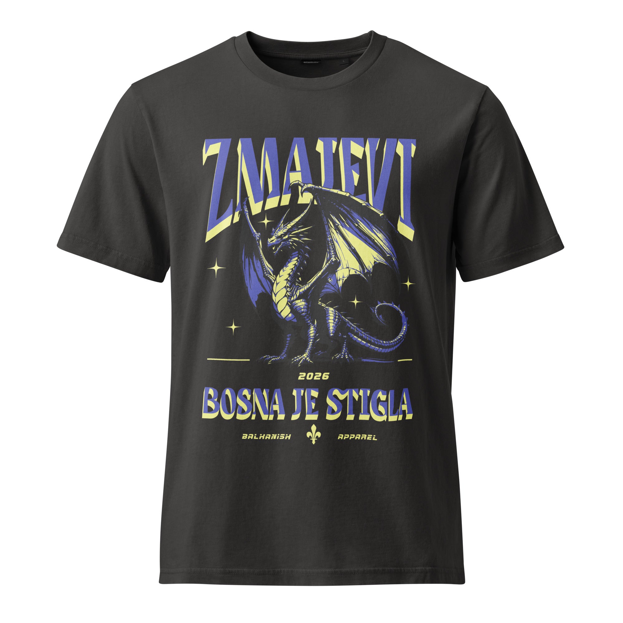 Black vintage-style Zmajevi Bosna Je Stigla t-shirt with dragon artwork inspired by Bosnian football culture