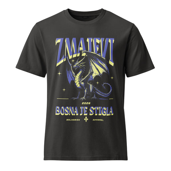 Black vintage-style Zmajevi Bosna Je Stigla t-shirt with dragon artwork inspired by Bosnian football culture