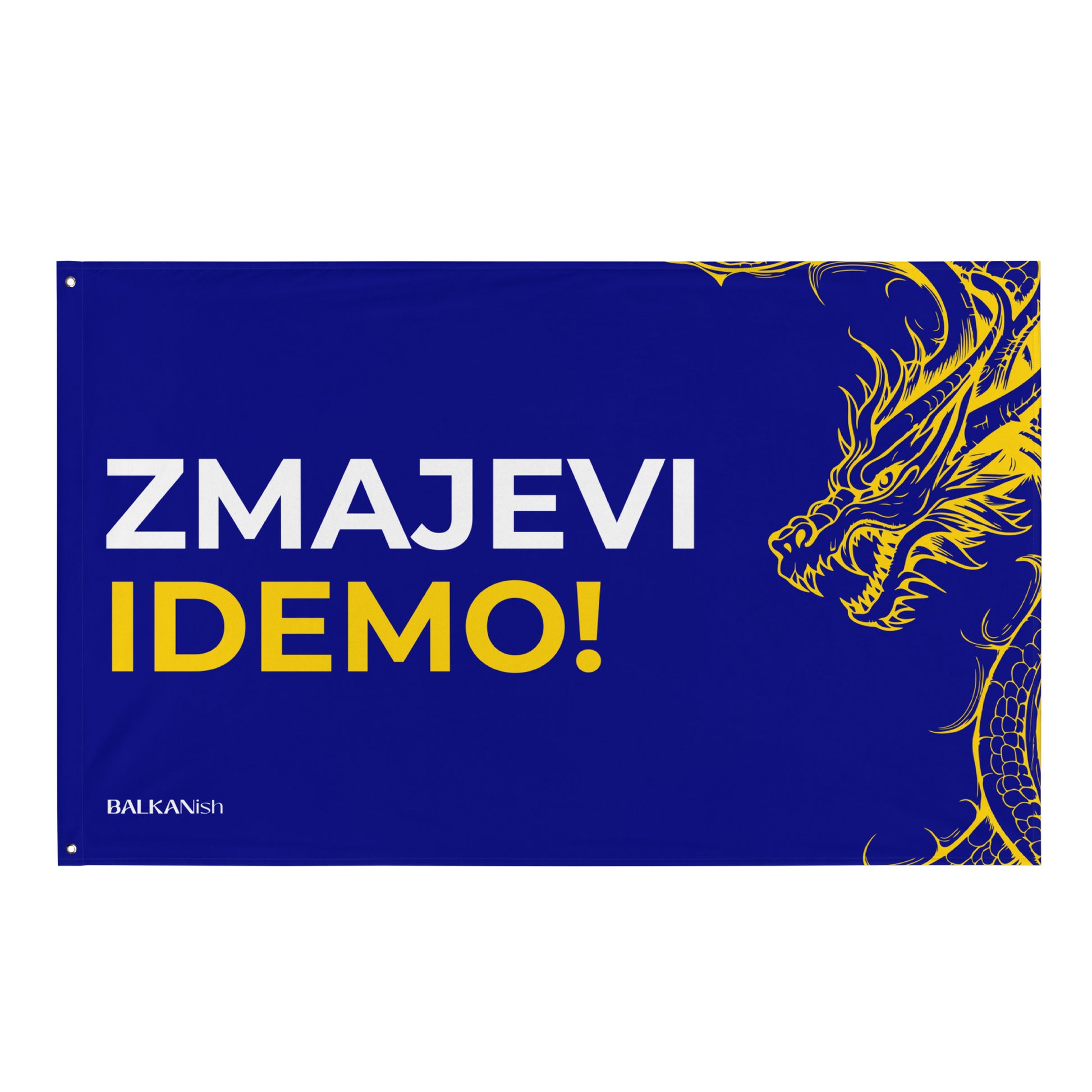 Blue and yellow Zmajevi Idemo Bosnia-inspired flag with dragon artwork designed for Bosnian football fans abroad